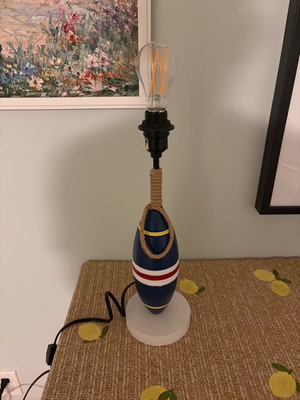 Artisan Wood Lobster Buoy Table Lamp Coastal Modern Nautical Rope Desk Light